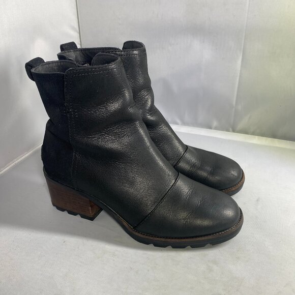 Sorel Cate Waterproof Leather Suede Bootie, Size 7.5, Black, Side Zip Block Heel - Picture 1 of 7
